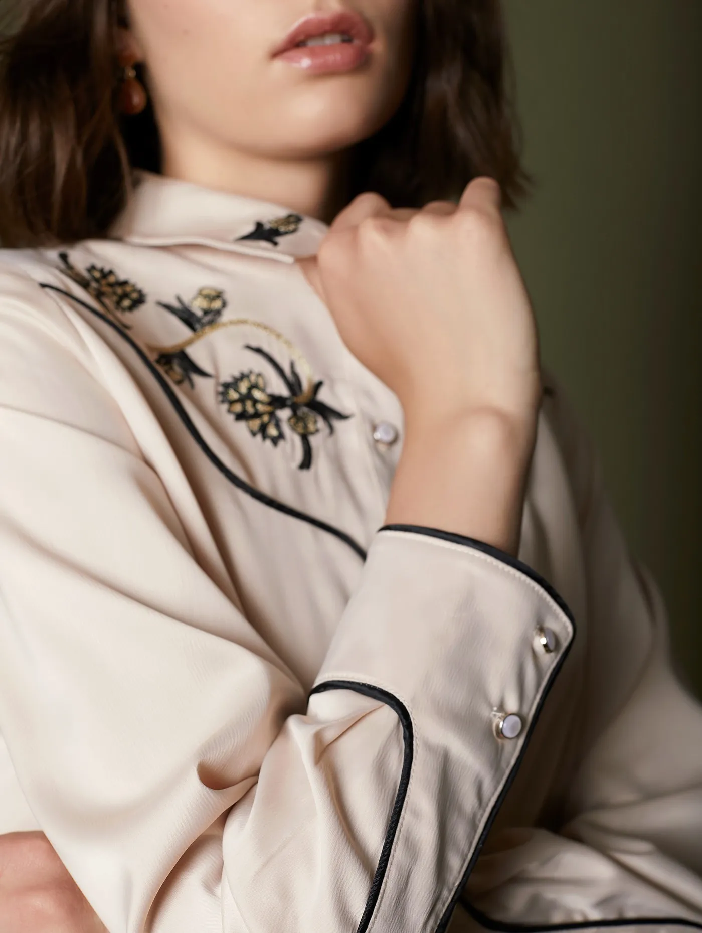 Satin Western Beige Embroidered Blouse