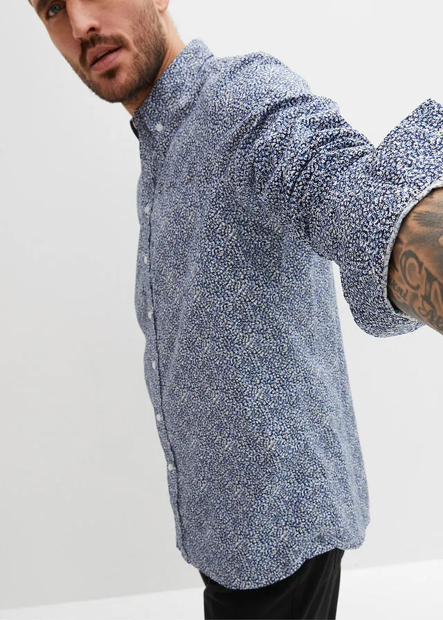Navy Blue Solid Color + Printed Blue Business Shirt