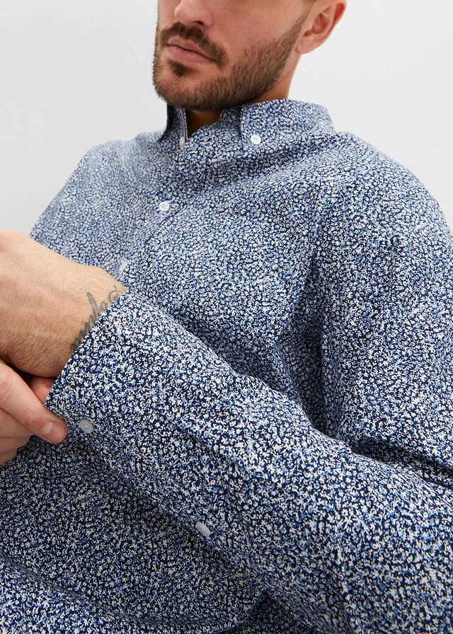 Navy Blue Solid Color + Printed Blue Business Shirt