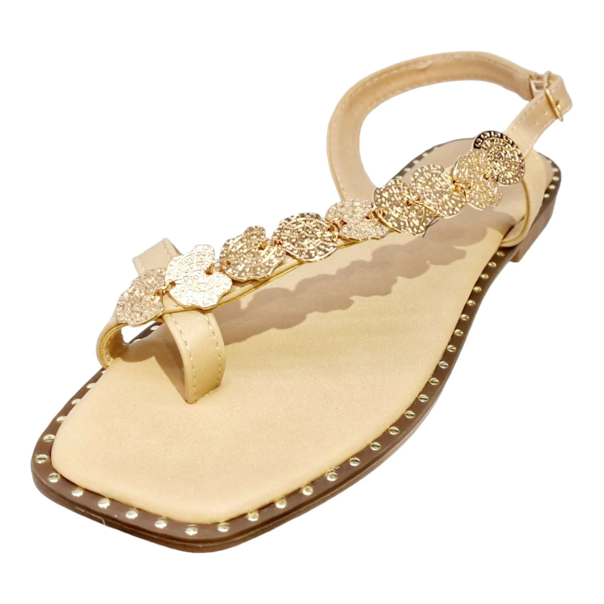 Sandalias mujer tiras diagonales monedas nude