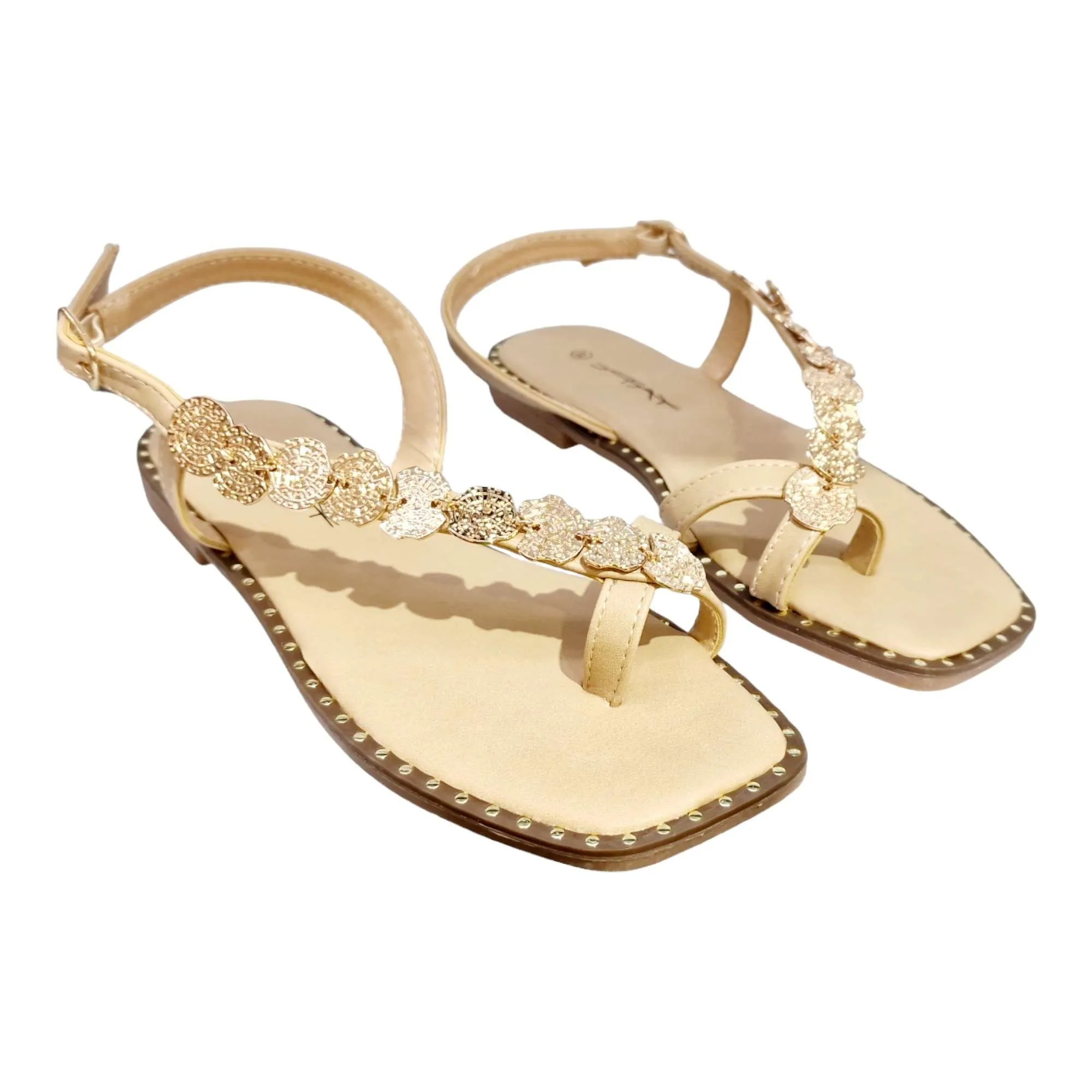 Sandalias mujer tiras diagonales monedas nude