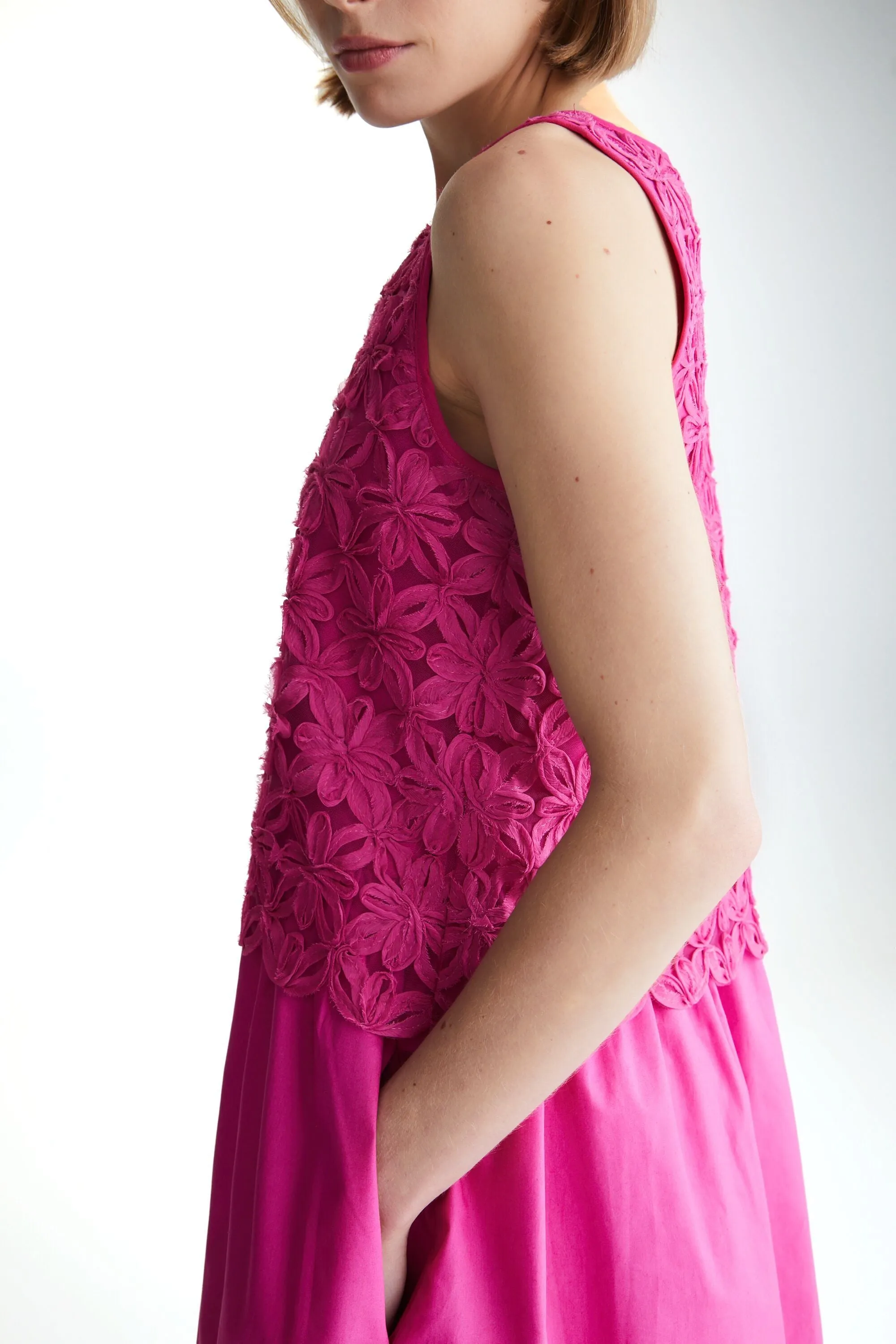 Flared Tulle Embroidered Poplin Dress